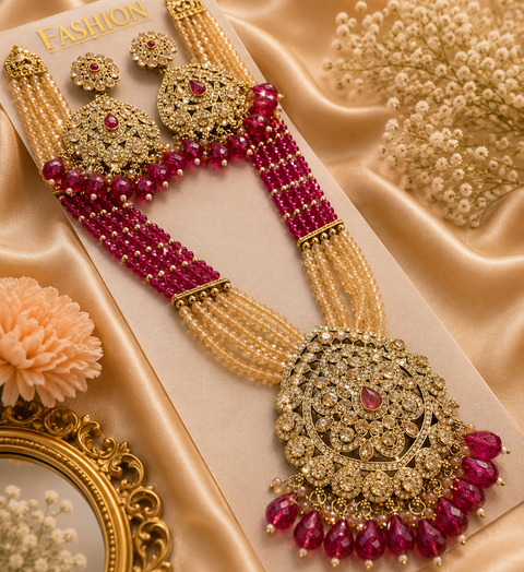 Crystal pearls with fine golden Jerkan stone With Pearls Beaded Necklace Set With Beautiful Earrings (slight variations in color and design is possible)