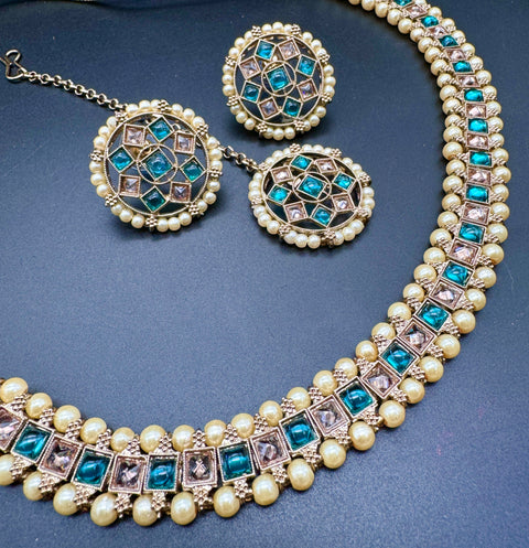 Polki And Pearls Work Beautiful Necklace Set With studs & Tikka