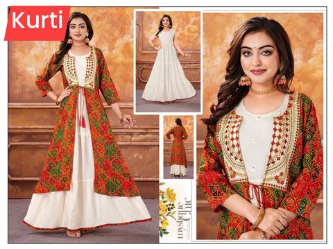 Pure Rayon based embroidered neck jacket style flared kurti