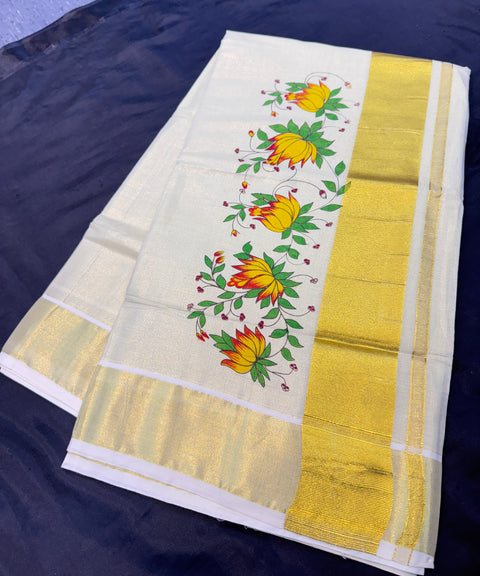 KERALA Gold Tissue SAREE WITH BEAUTIFUL FLORAL PRINT