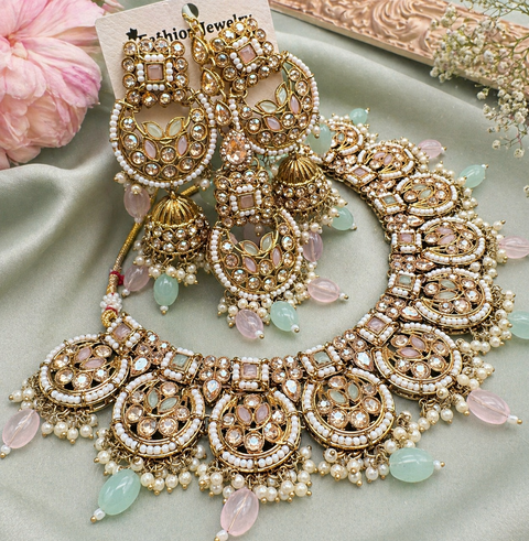 Original Polki stone with pearls beaded work beautiful necklace with jhumka and tikka set