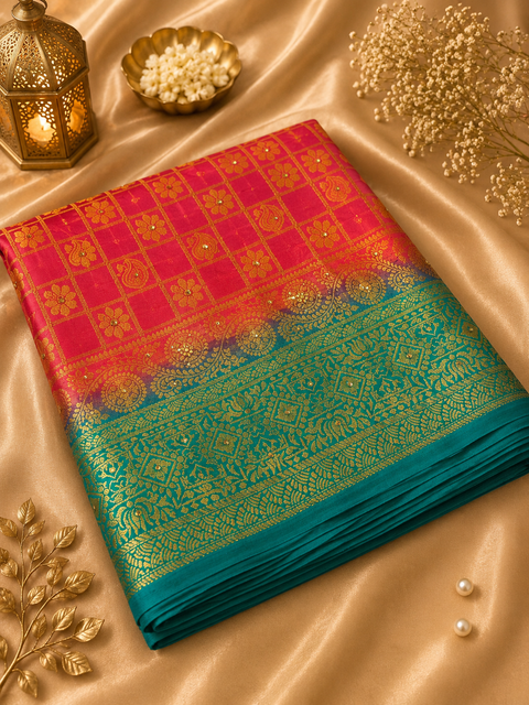 Elegant Art Silk Saree adorned with delicate zari-woven butis, a rich pallu and graceful tassel detailin,Comes with an unstitched running blouse piece attached to the saree (slight variation in color and design is possible