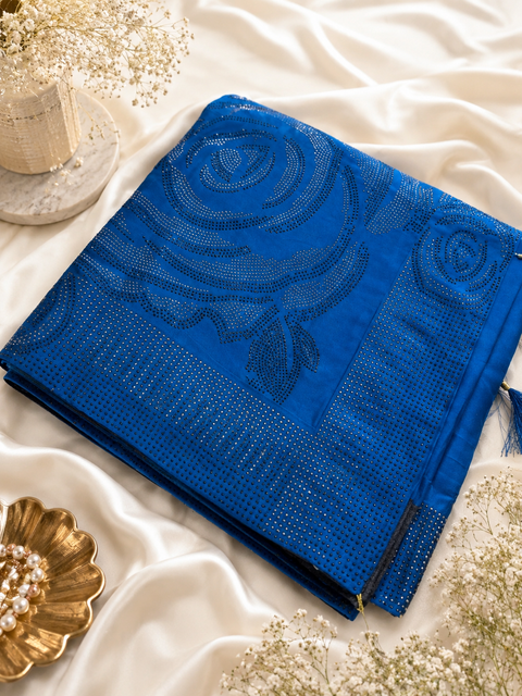 Beautiful swarovski Stones work Roses design beautiful Georgette Silk Saree. The Blouse Worn By The Model Is For Reference Purposes Only. The Blouse Piece Is Attached Separately With The Saree. Slight Variation In Color And Design May Occur.