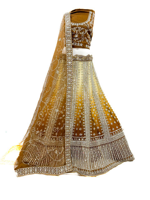 Original mirrors work Heavy Ken ken flared two toned shades netting based designer lehnga with heavy handwork blouse and Dupatta (video clip attached for reference )