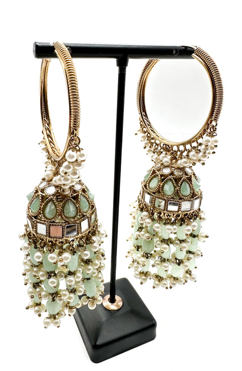 Pearls hanging with mirror work beautiful heavy work designer Jhumka Balian