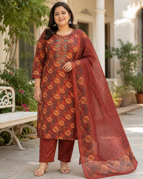 Rich maroon-rust printed kurti set crafted in a comfortable cotton-base fabric, featuring elegant floral prints and detailed neckline work. Paired with matching printed pants and dupatta .Slight variation in color & design is possible