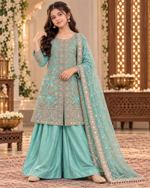 Seafoam Green color kids’ festive suit set crafted in premium Fendi silk fabric, featuring intricate embroidery, shimmering sequin and stone work, paired with a stylish loose palazzo and matching dupatta. Slight variation in colour and design may occur