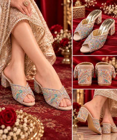 Stylish open-toe block heels with colourful bead, sequin and thread work on the front and heel. Comfortable slip-on design, perfect for weddings, parties and festive outfits.