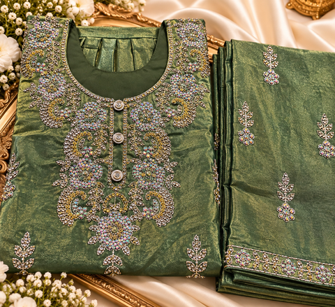 Olive color Fendi silk kids’suit set with a loose palazzo, featuring intricate golden and rainbow-tone sequin & stone work that reflects a stunning multicolour shine.Elegant and perfect for special occasions.Slight variation in colour and design may occur