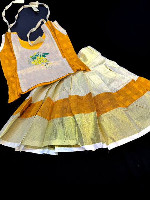Gold Tissue based kids (Girls)Onam Special blouse and Skirt set