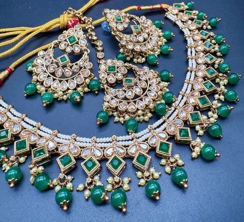 Original Polki stone with pearls beaded work beautiful necklace with jhumka and tikka set