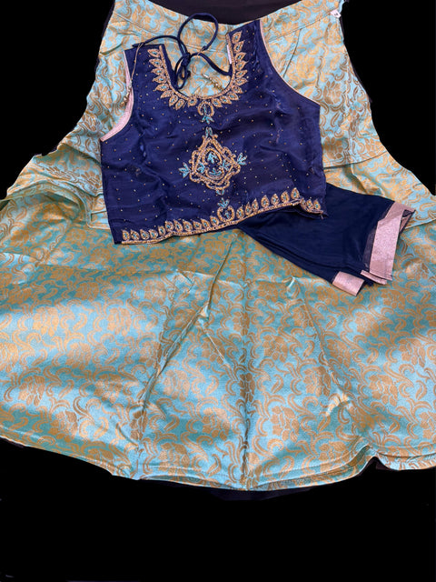 Nevi blue colour silk based stone work blouse with peach pink shade brocade silk lehnga