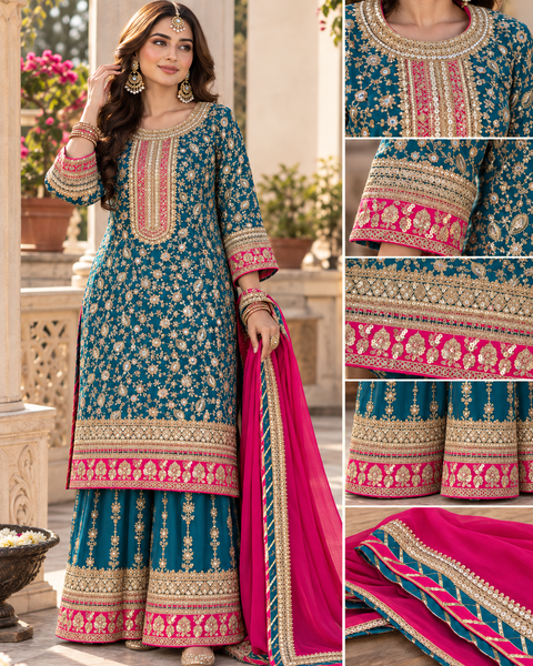 Elegant Chanderi Silk suit featuring all-over heavy embroidery and mirror work with a beautifully detailed neckline. Paired with a heavily embroidered palazzo and a gorgeous matching dupatta for a rich festive look. Slight variation in colour & design