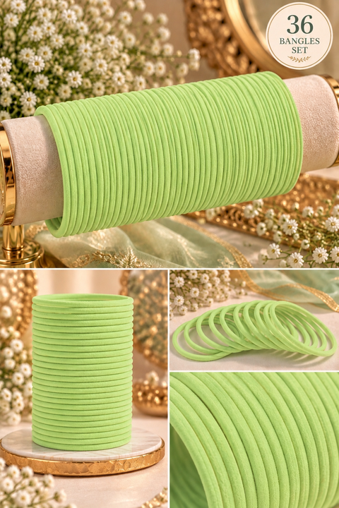 Elegant velvet bangles in a rich Pista  shade, perfect for festive, bridal and traditional looks. Each pack includes 3 dozen bangles (36 pieces). Price is per pack. Slight variation in colour may be possible