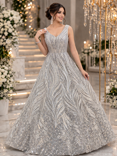 (Video clip attached)Netting Based Beautiful sequined Work Designer Party Gown