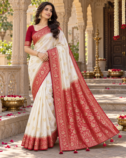 Dola Silk Saree with elegant all-over floral zari weaving and a rich contrasting woven border with detailed pallu. Soft, graceful drape with a luxurious festive look. Contrast blouse piece included.Slight variation in colour and design is possible.