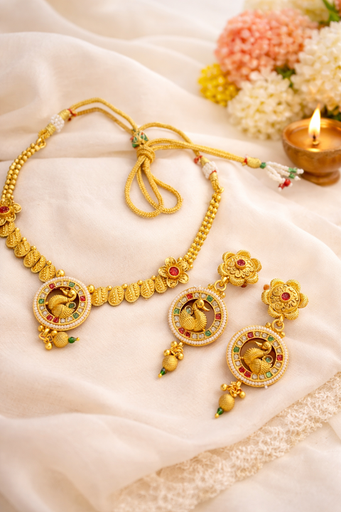 Mat look Elegant traditional gold necklace( not original gold)  set with intricate peacock design, perfect for a graceful and timeless look. ✨