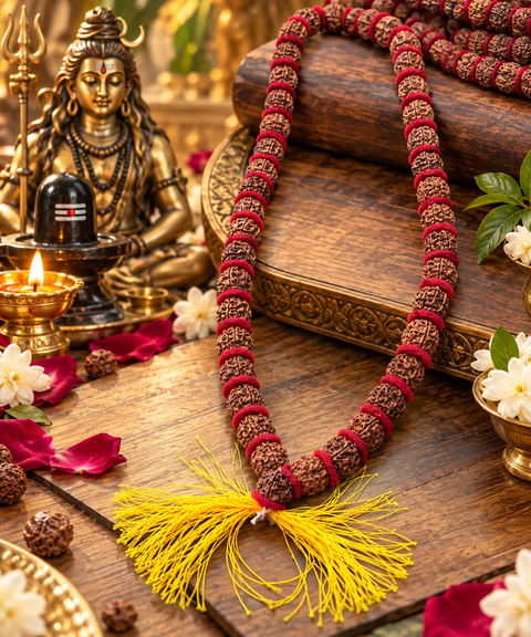 5 Mukhi Rudraksha Jaap Mala
Beautiful traditional Rudraksha Jaap Mala with detailed beads, elegant red thread and a yellow tassel, for daily pooja, mantra chanting, meditation and spiritualpractices.Slight variation in bead size,colour,texture may occur