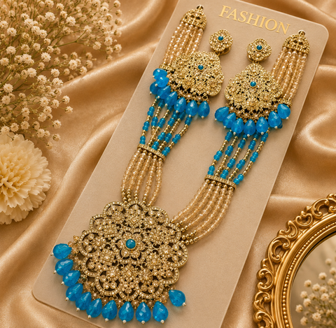 Crystal pearls with fine golden Jerkan stone With Pearls Beaded Necklace Set With Beautiful Earrings(slight variation on color & design is possible)
