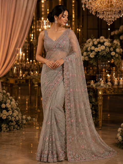 Dusky mint color designer Saree with netting base fabric and stones work design all over with heavy embroidery.The Blouse Worn By The Model Is For Reference Purposes Only. The Actual Blouse Piece Comes Attached With Saree(Slight Variations Are Possible)