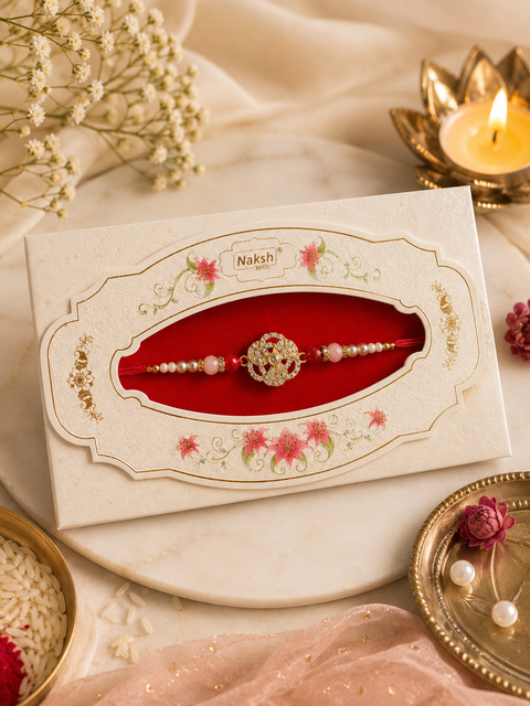 American Diamond Stylish stone designer Rakhi with pearl detailing, presented in a premium gift box
