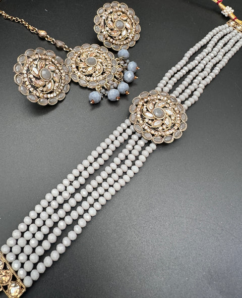 Jerkan fine stone with pearls beaded choker set with beautiful studs & tikka