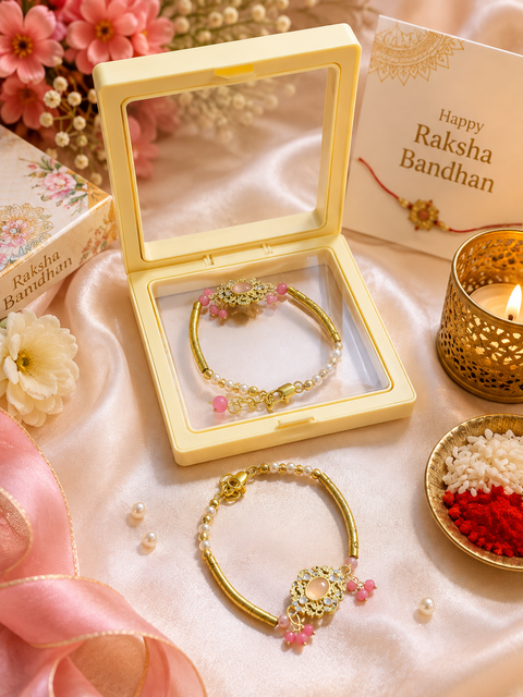 Beautiful Bhabhi Rakhi Bracelet featuring elegant pearl detailing, golden accents and delicate beads. A stylish and graceful Raksha Bandhan piece for your Bhabhi.