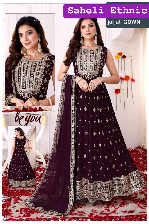 Georgette based embroidery with sequined work designer flared kameez /gown with tights and georgette  based embroidery work dupatta