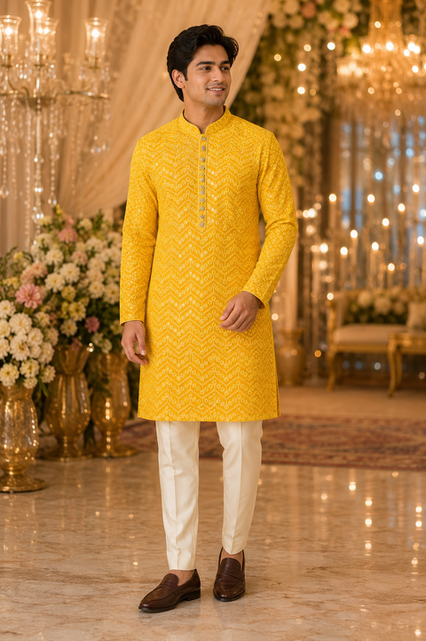 Georgette based Heavy embroidery with sequined work designer Kurta with white Pajama (slight variation in color and design is possible)