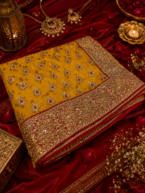 Beautiful Bridal Saree featuring intricate hand embroidery, rich gold zari work and sparkling stone embellishments. ✨Model blouse is for reference only. Blouse piece is attached with the saree. Slight variation in colour and design may occur.