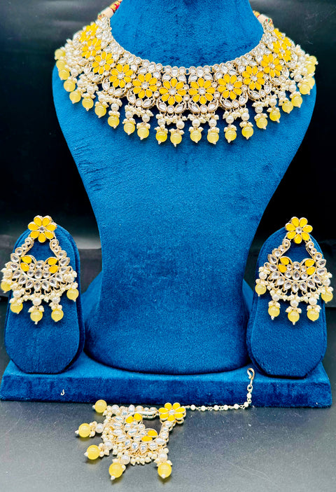 Kundan studded & pearls work designer heavy work Necklace set with beautiful Earrings & Tikka