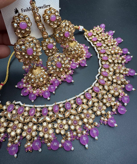 Polki stone with pearls beaded work beautiful necklace with jhumka and tikka set