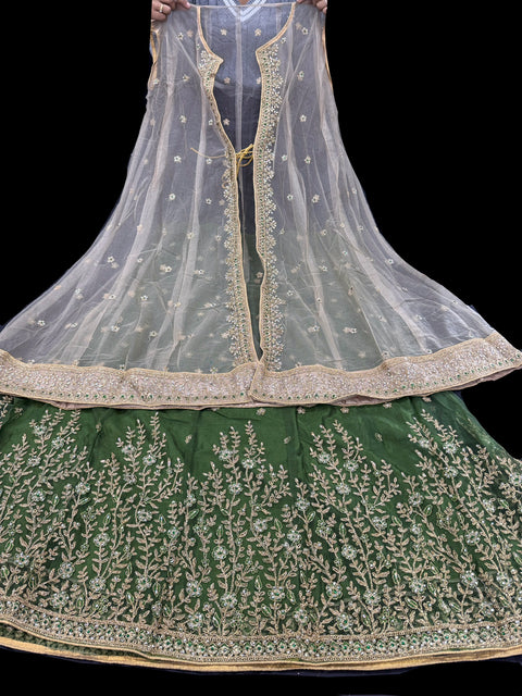 Netting based Golden stones and embroidery work all over front & back of kameez & long Jacket with stone work and beautiful lehnga & netting dupatta (Size 42 and can be altered upto 44)