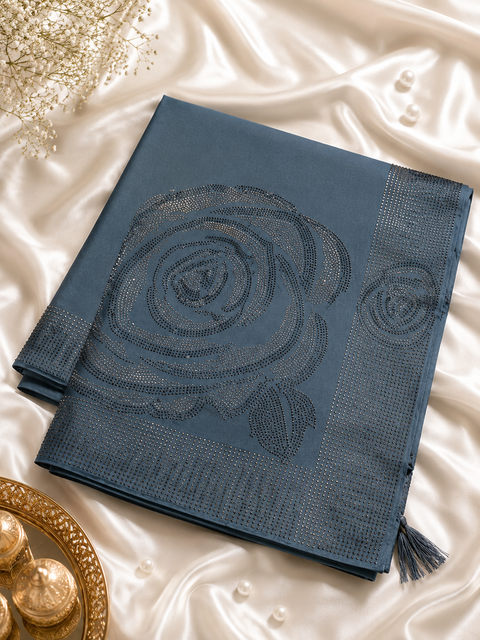 Beautiful swarovski Stones work Roses design beautiful Georgette Silk Saree. The Blouse Worn By The Model Is For Reference Purposes Only. The Blouse Piece Is Attached Separately With The Saree. Slight Variation In Color And Design May Occur.