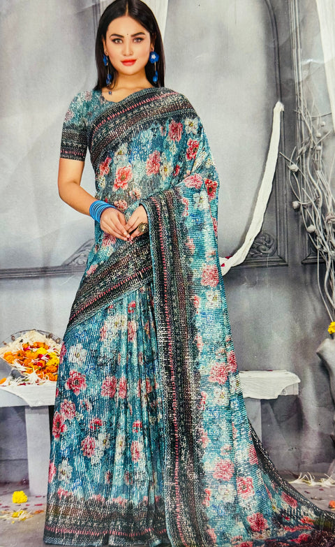 Sequined Soft Fabric Designer Sarees In Print Work With contrast Sequined Blouse