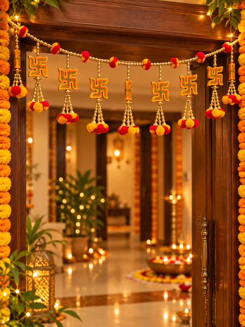 Swastik design Festive Diwali Door Toran – Beautifully designed with colourful pom-poms, pearl detailing and elegant golden hanging accents. Slight variation in colour and design may occur