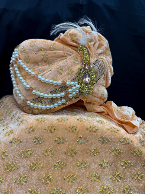 Peach colour velvet based golden printed Dulha Pagdi With dupatta set