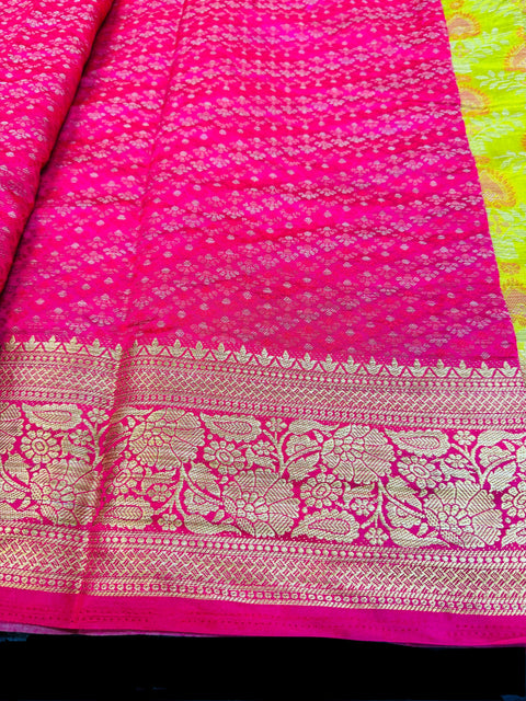 Lime & pink color Beautiful brocade art silk Saree with stone work