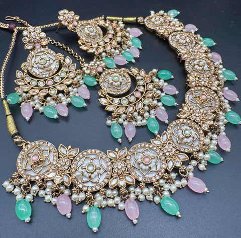 Polki stone with pearls beaded work beautiful necklace with jhumka and tikka set