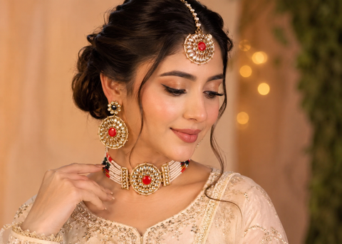 Pearls beaded with Kundan stone beautiful choker necklace with Earrings & Tikka