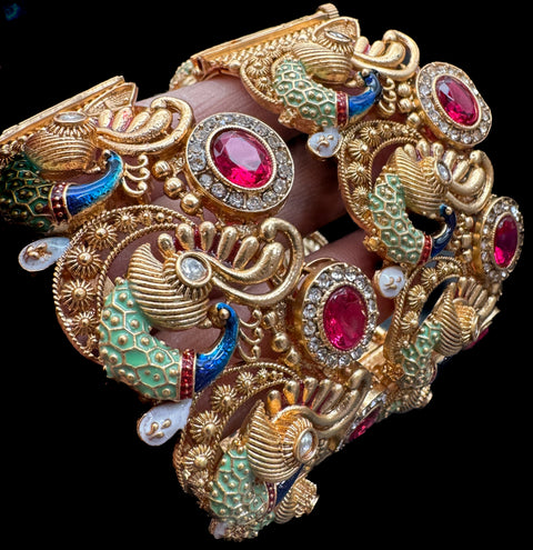 (Not original Gold )peacock design Royal look Gold plated original Kundan stone beautiful design Designer Kade (Openable , Screw Designed)pair