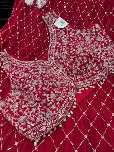 Georgette based embroidery with hand work crop top designer blouse with lehnga and Georgette dupatta
