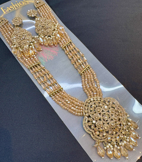 Crystal pearls with fine golden Jerkan stone With Pearls Beaded Necklace Set With Beautiful Earrings