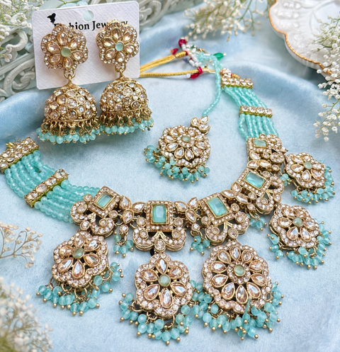 Original Polki stone with pearls beaded work beautiful necklace with jhumka and tikka set