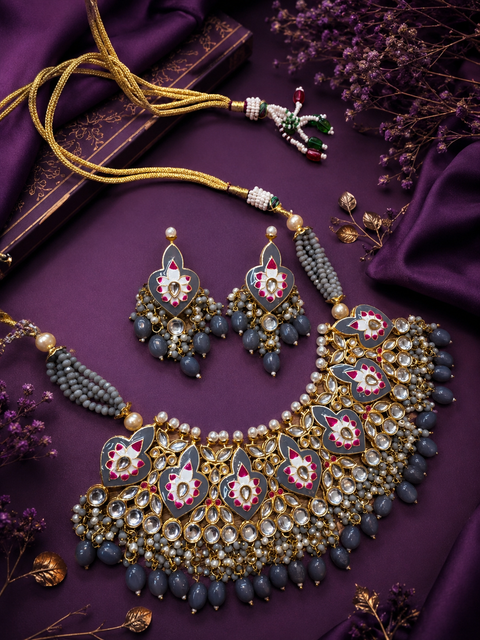 Dark anchor grey and pastel grey colour beautiful meenakari work with kundan stones & beads pearls necklace set(slight variation in color and design is possible)