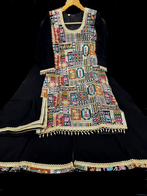 Black color Pure and soft georgette based multicoloured embroidery work girls flared plazo suit with dupatta