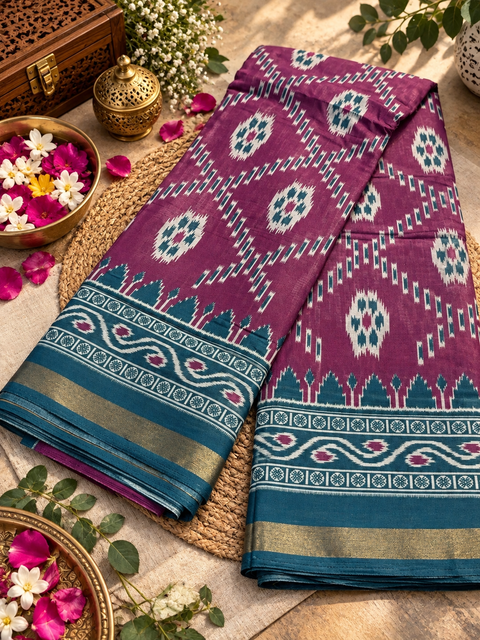 Soft silk blend saree with a flowy drape and elegant ikat-inspired weave. Contrast teal zari border adds a graceful look.Blouse piece attached. Slight variation in color/design may be possible.