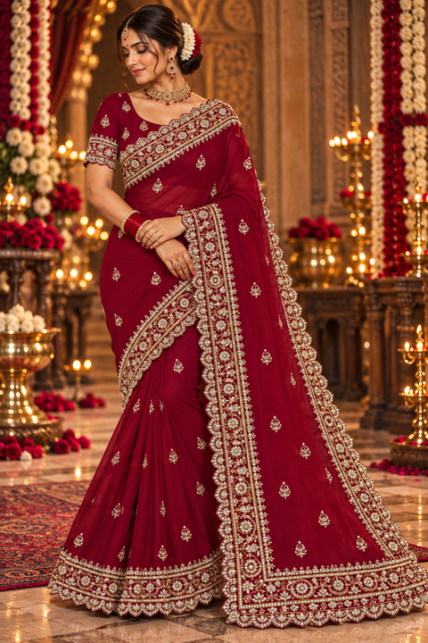 Georgette Saree featuring intricate embroidery, elegant stonework and a rich scalloped border with all-over motif detailing. Attached blouse piece included; model blouse is for reference only. Slight variation in colour and design is possible.