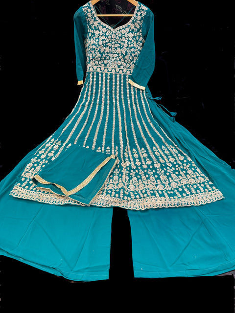 Georgette based original Mirror work with heavy embroidery work Nayra cut kameez with plazo & dupatta
