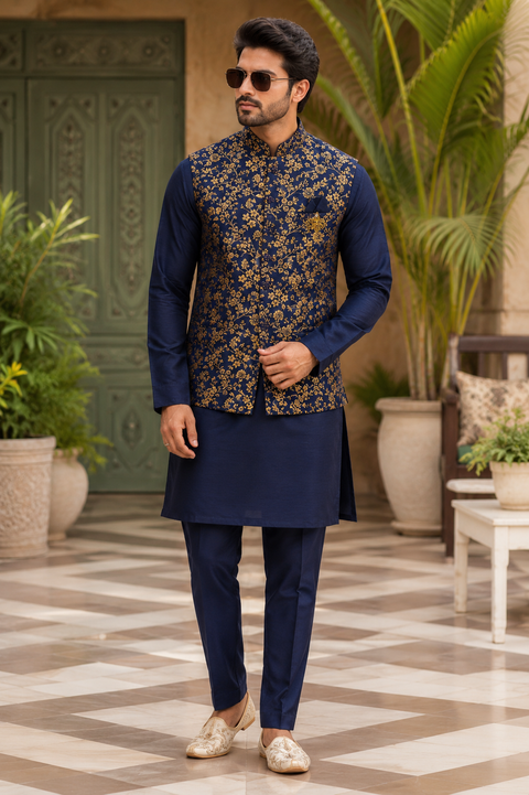 Elegant Dark Blue kurta set with a premium textured jacket, detailed gold accents, and a refined festive look. Slight variation in color and design may occur.